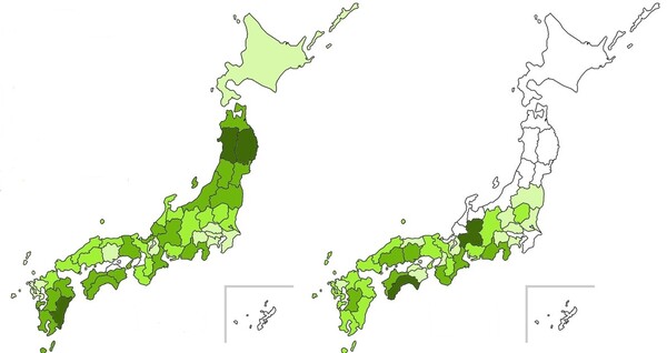 그림 1 일본 국토의 삼나무와 편백 산림 분포도.