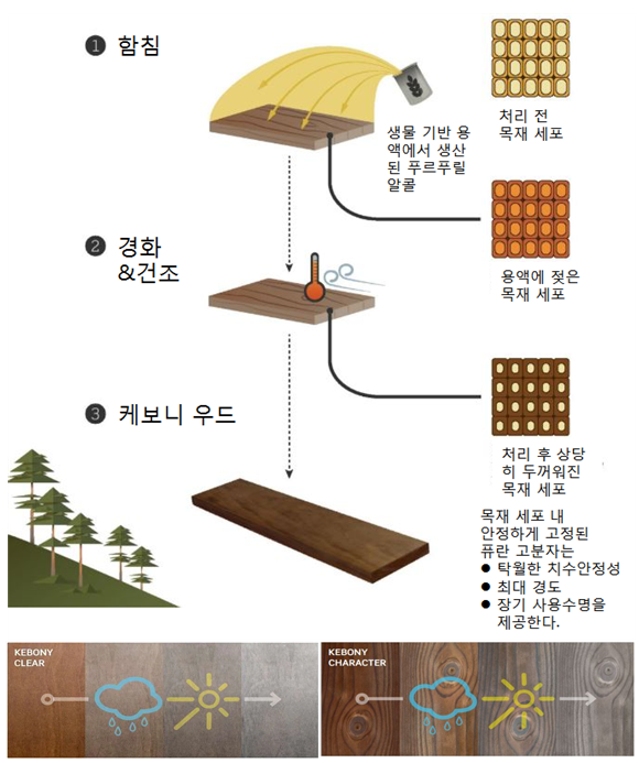 그림 3. Kebony wood의 제조 과정과 그 제품(kebony.com)