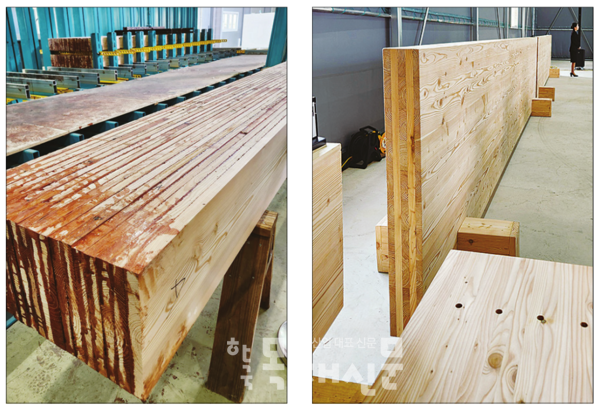 화순목재산업단지에 납품한 형제목공기계의 글루램 클램프(좌)와 형제목공기계 CLT 프레스로 생산된 CLT 제품들(우)