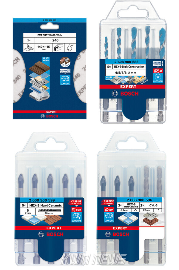 (시계방향으로) EXPERT W480 Web 핸드 샌딩 페이퍼, HEX-9 멀티컨스트럭션 드릴비트 5종 세트, 하드세라믹 & 드릴비트 5종 세트, 하드세라믹 드릴비트 5종 세트